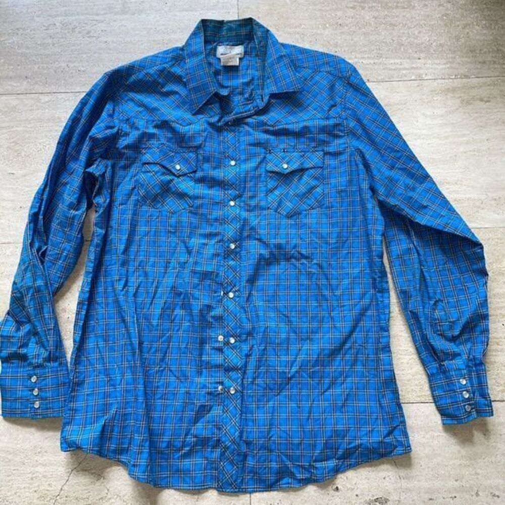 Wrangler Wrancherโ XLT Blue Plaid Pearl Snap 2 Pocket Cotton Blend Shirt